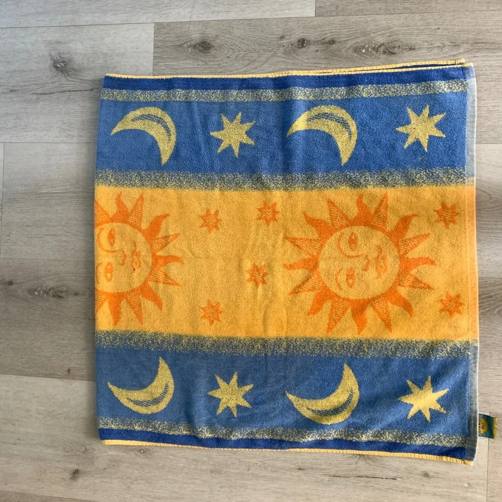 Vintage Summer Up Celestial Sun Moon Stars Beach Towel Blue Yellow 100% Cotton